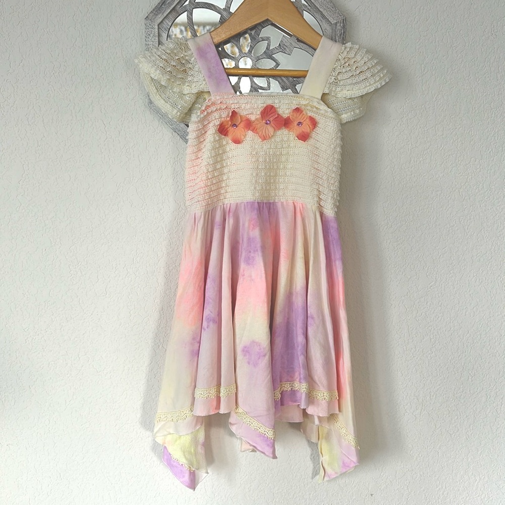 CachCach • Pastel Tie Dye Ruffle Lace Breezy Summer Dress With Handkerchief Hem